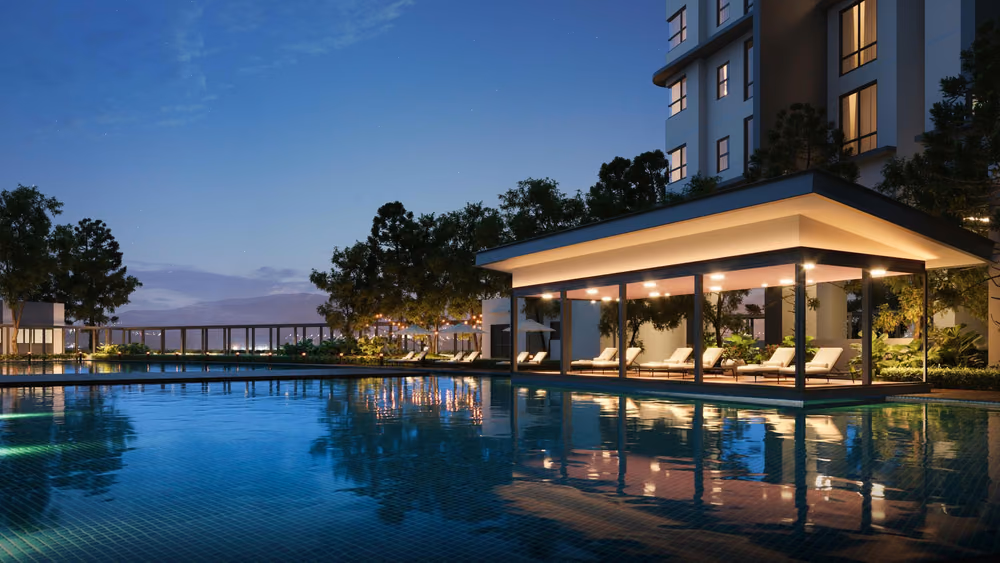 Pool cabana at night at Cappella Embassy