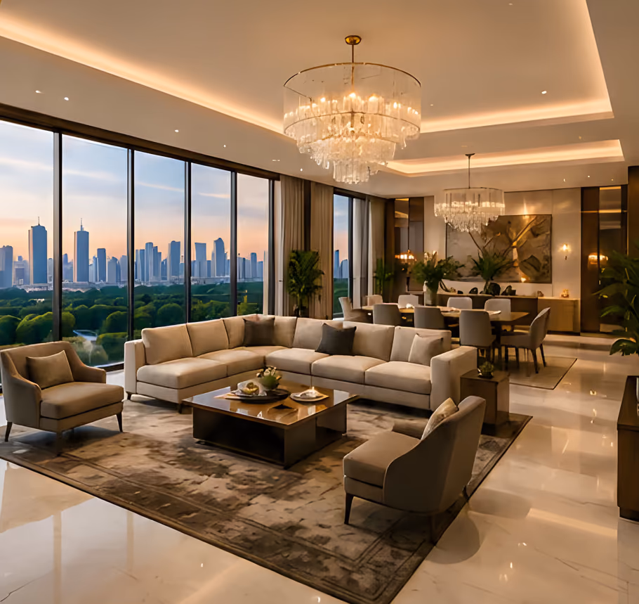 The living and dining room of the Cappella Embassy triplex penthouse at dusk — a cove-lit ceiling with two crystal chandeliers and full-height glazing onto the Kuala Lumpur skyline