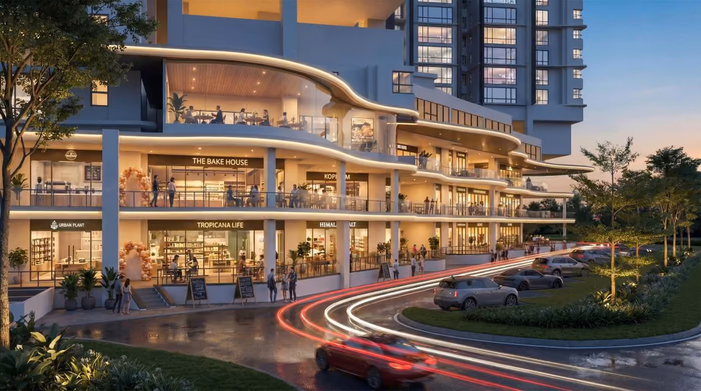 Cappella Square retail podium at dusk, ground-floor cafés and lifestyle shops at Cappella Embassy in Ampang Hilir, Kuala Lumpur